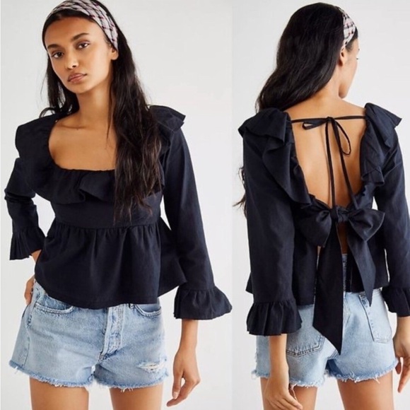 Free People black 3/4 sleeve open tie back crop top small Fairy GOTH raw hem - Picture 1 of 6